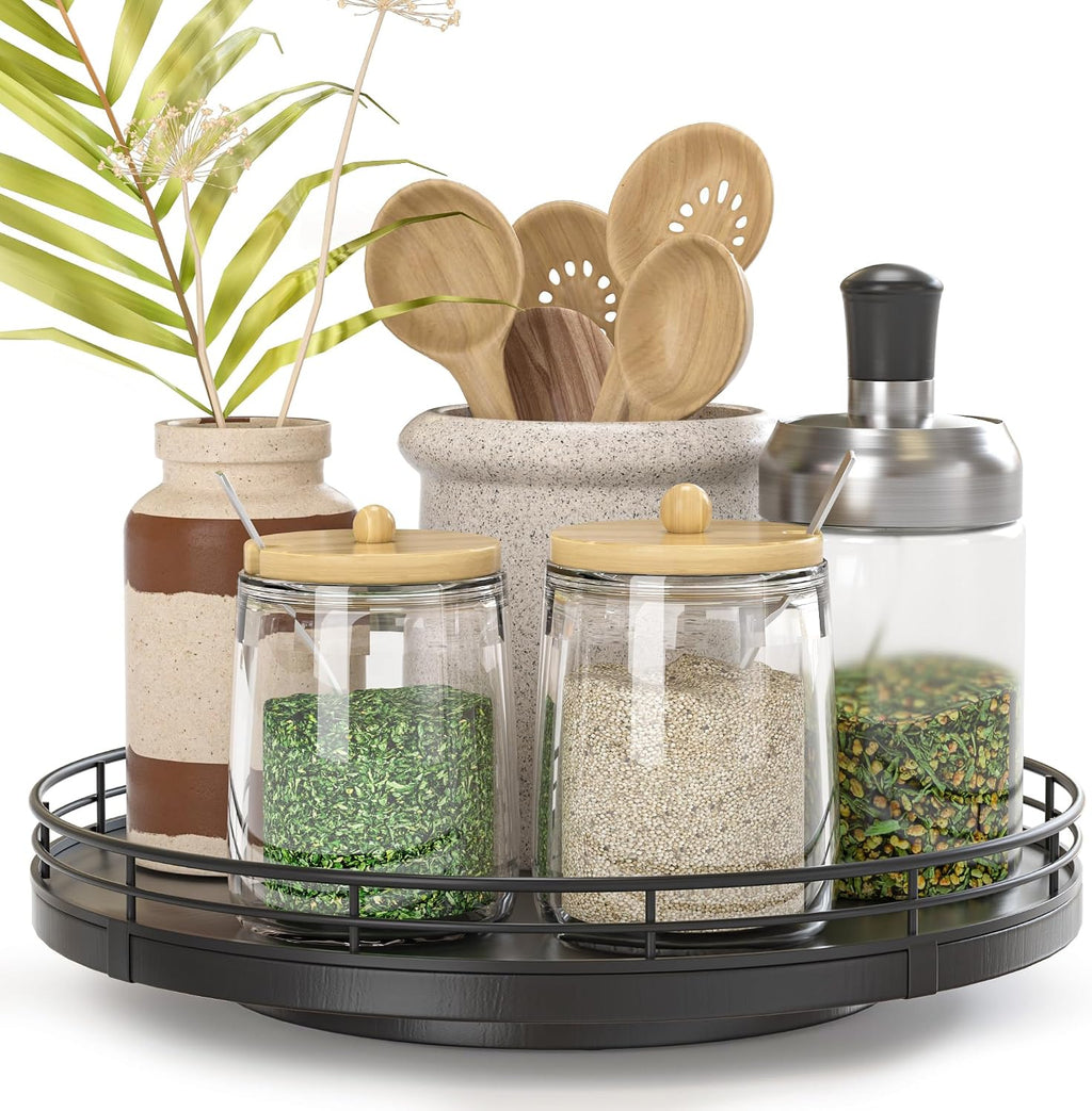 Oroyutor 9-Inch Oak Lazy Susan Spice Organizer, Black Finish