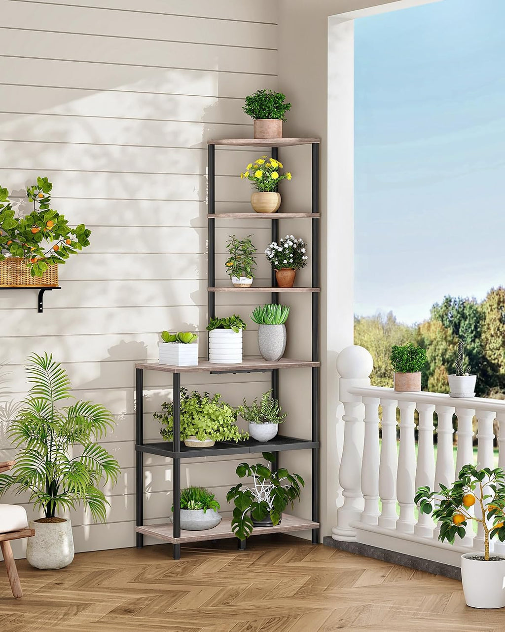 6-Tier Corner Shelf, Industrial Corner Bookshelf with Desk Top