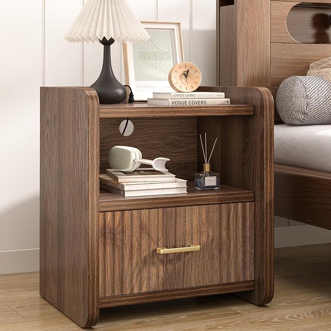 Night Stand with Charger Station, Fluted Wood Nightstand with Drawer Storage by Curlaky
