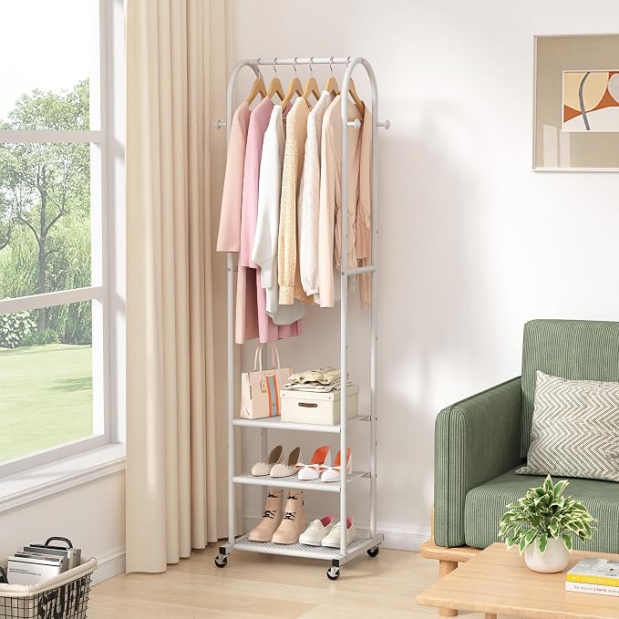 Heavy Duty Clothing Rack with Wheels, Modern Garment Rack with 3 Metal Shelves - Image 4