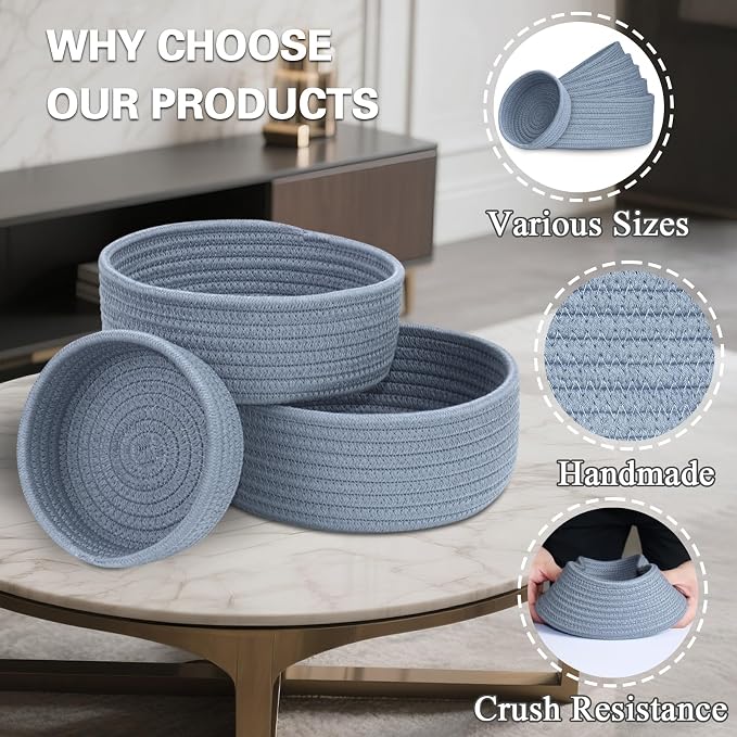Small Shelf Storage Baskets for Organizing, 6 Pack Round Cotton Rope Bins - Image 3
