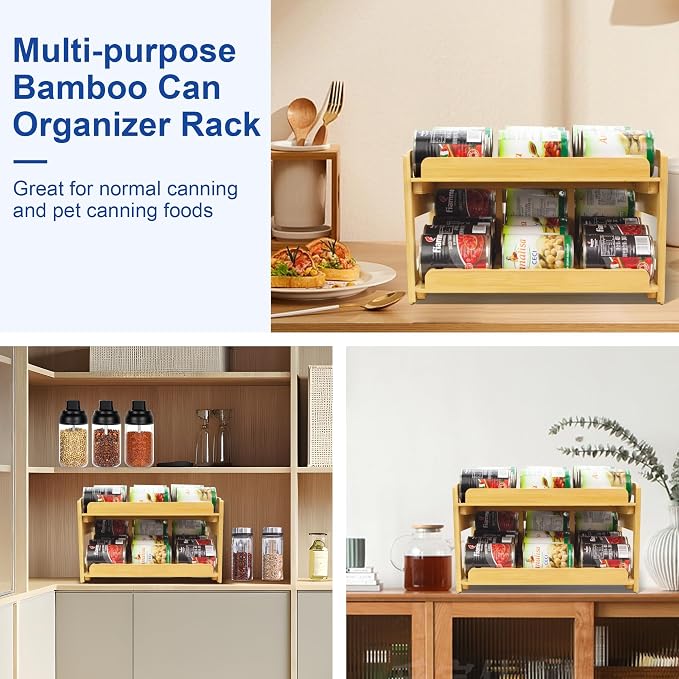 MinBoo Adjustable Can Organizer Rack, Two Tier Bamboo Stackable FIFO Cans - Image 7