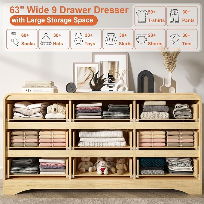 Dresser for Bedroom with 9 Drawers, Wood Closet Clothes Storage Long Dressers - Image 4