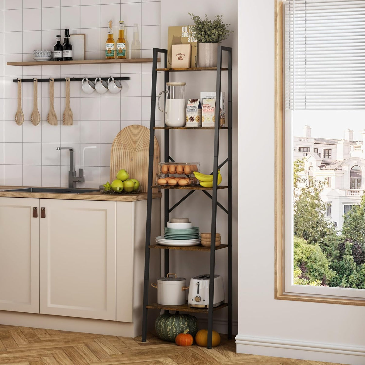 Hoctieon Industrial Ladder Bookshelf, Multifunctional Ladder Shelf
