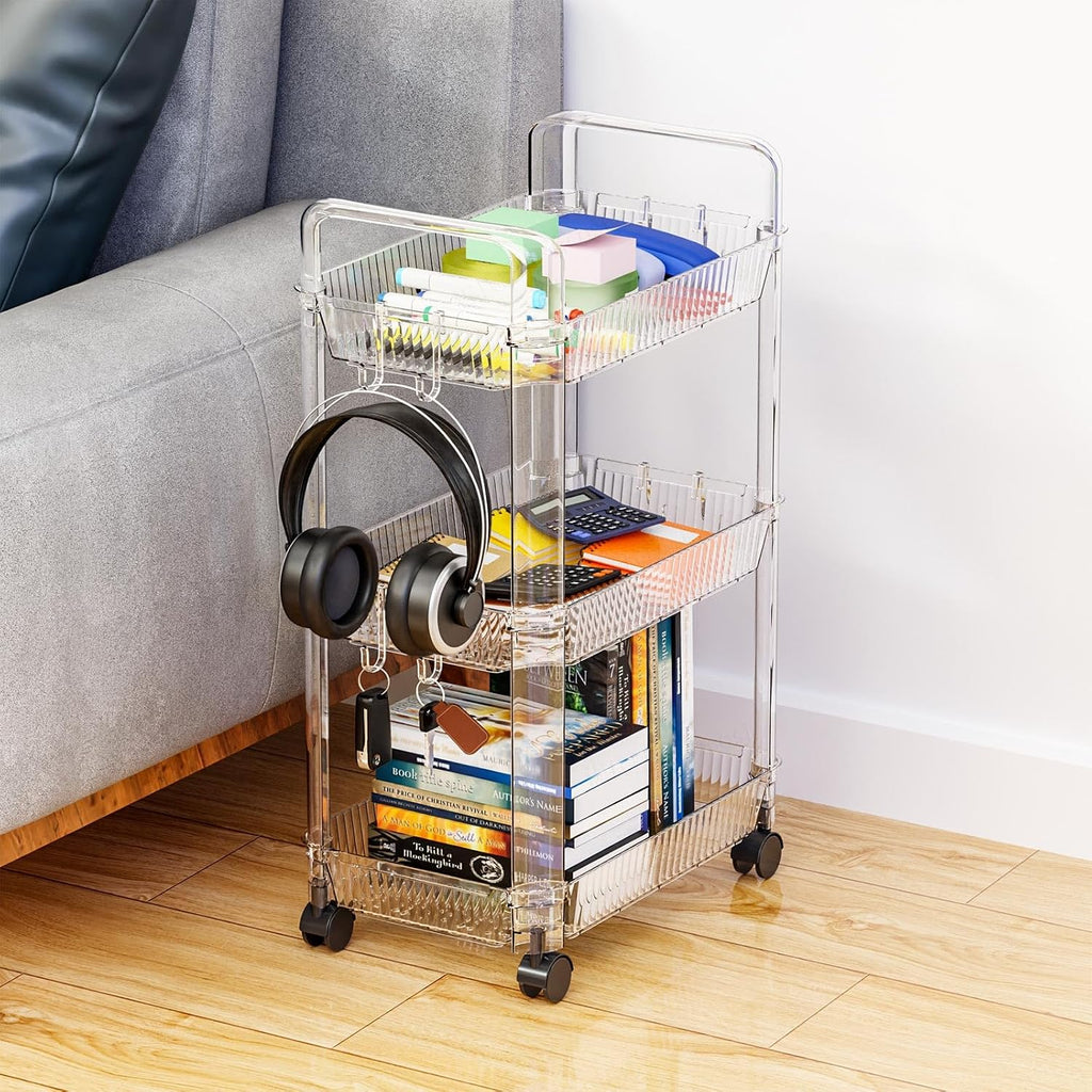 Clear 3 Tier Rolling Utility Cart with Wheels,Modern Bedside Cart for