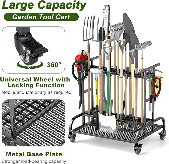 Garden Tool Organizer with Wheels, Large Capacity Garage Tool Rack with Hooks - Image 4