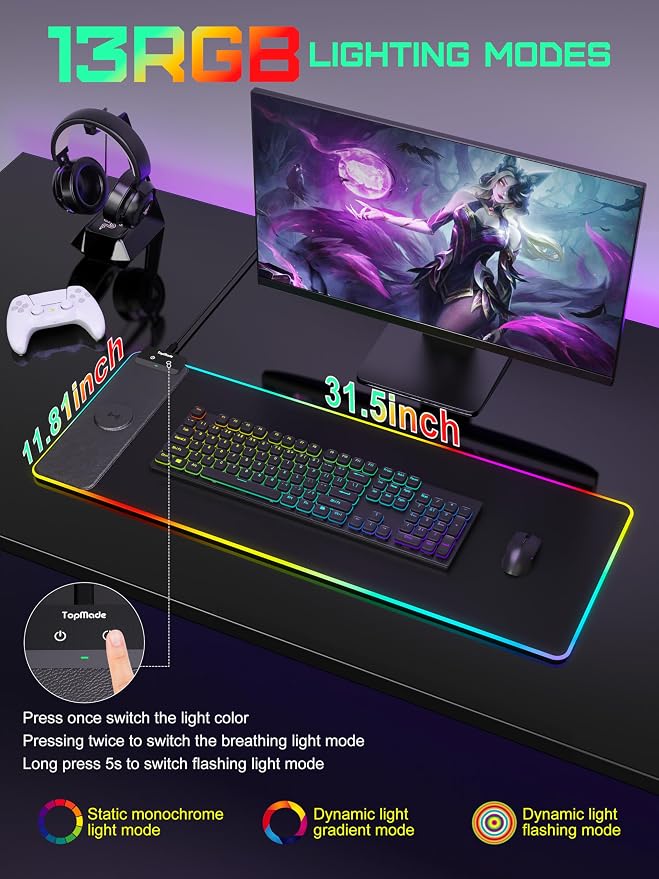 TopMade Mouse Pad with Wireless Charging, 31.5" x 11.81" Large Desk Mat RGB - Image 3