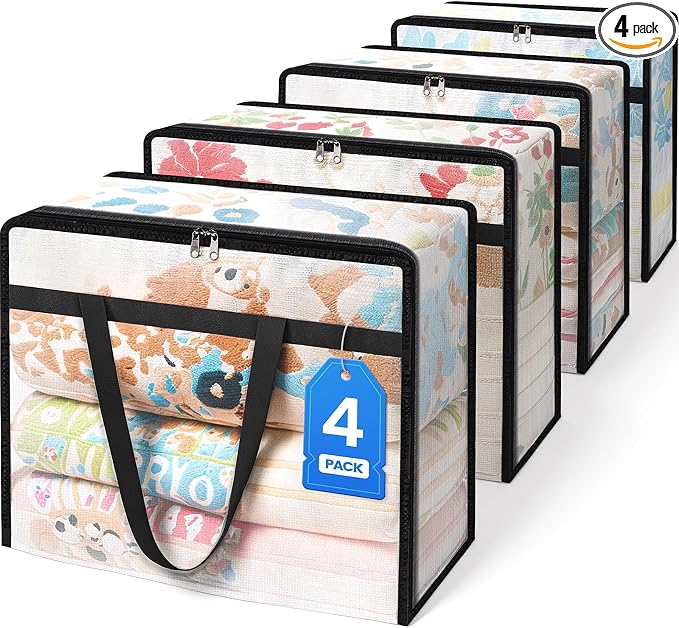 BlissTotes 4 Pack Clear Clothes Storage Bags, Moving Bags, Foldable Blanket by BlissTotes