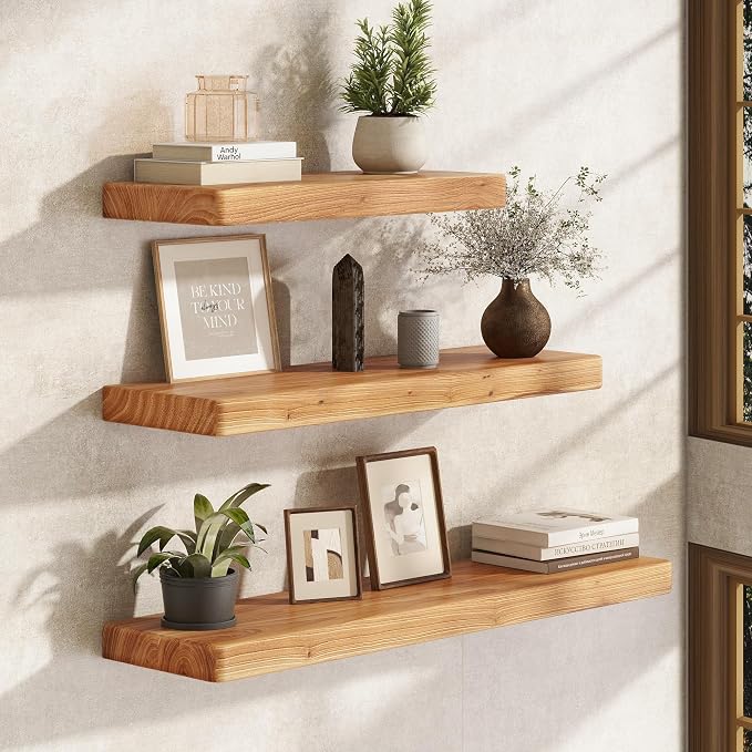 Fun Memories 24 Inch Floating Shelves, Solid Elm Wood Wall Shelf - Image 6