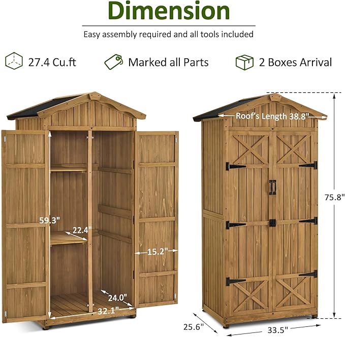 Macrout Outdoor Storage Cabinet, 75 Inches Lockable Wooden Storage Shed - Image 3