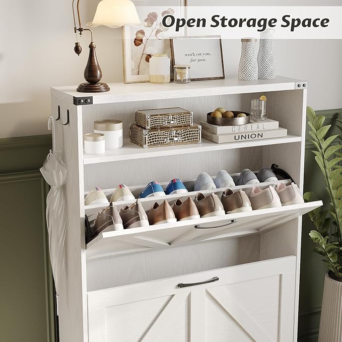 Shoe Cabinet with 2 Flip Drawers & Open Storage, Farmhouse Shoe Storage Cabinet - Image 7