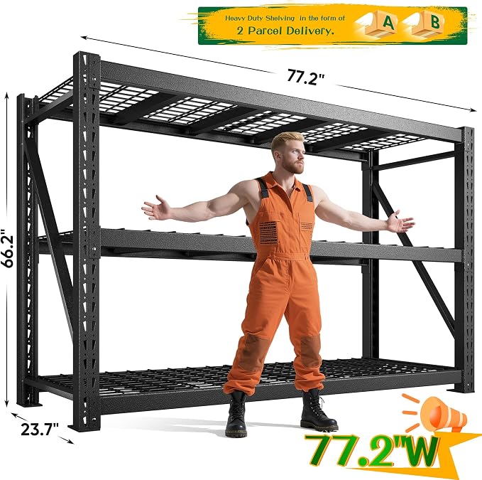 Bepatio 77" W Garage Shelving Storage Shelves, 3 Tier Metal Shelving Unit Heavy - Image 2