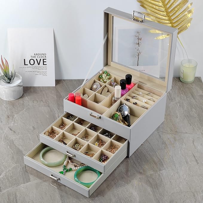 BOOVO Clear Lid Jewelry Box, 3 Layers Jewelry Organizer Large Multi-Functional - Image 6