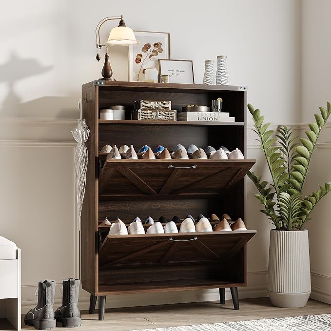 Shoe Cabinet with 2 Flip Drawers & Open Storage, Farmhouse Shoe Storage Cabinet - Image 9