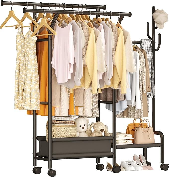 Homeiju Heavy Duty Clothes Rack Load 500LBS, Three Rods Clothing Racks by Homeiju
