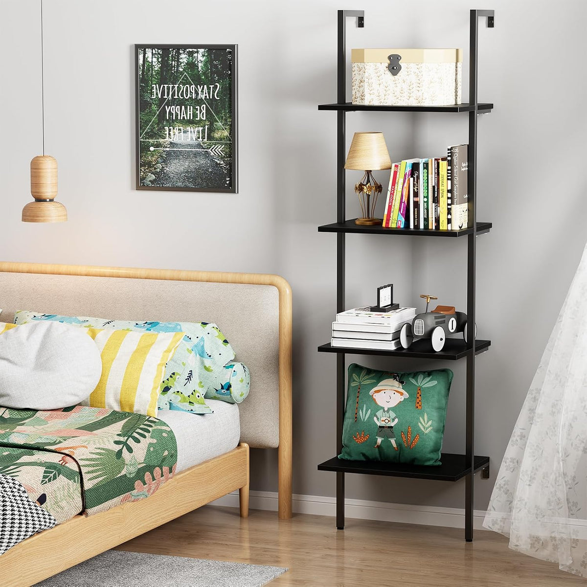 Ladder Shelf 4 Tiers Metal Industrial Bookshelf,Black Wooden Tall Open