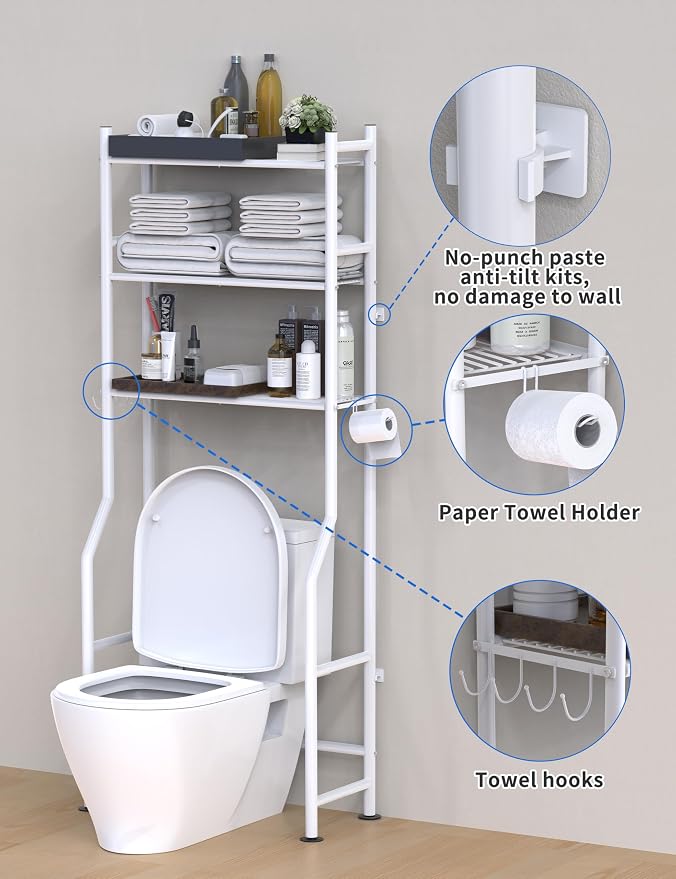 3-Tier Over The Toilet Storage, Freestanding Metal Bathroom Shelves - Image 5