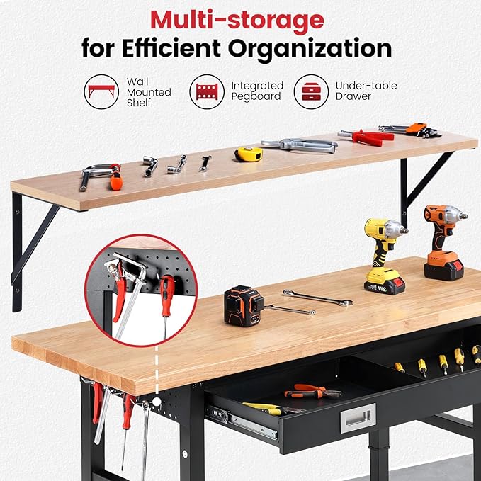 Work Bench with Shelf Bracket 60 Inch Heavy Duty Rubberwood Tabletop Workbench - Image 3