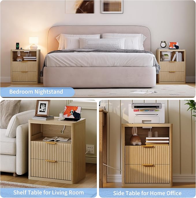 Fluted Nightstand with Charging Station, Bedside Table with 2 Drawers and Open - Image 7