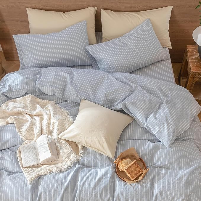 MooMee Bedding Pillowcases Striped Pack of 2 100% Washed Cotton Linen Like - Image 3