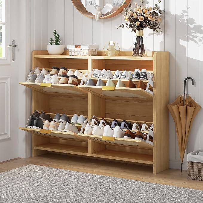 Rattan Shoe Cabinet with 4 Flip Drawers, Natural Wood Shoe Storage Cabinet - Image 3
