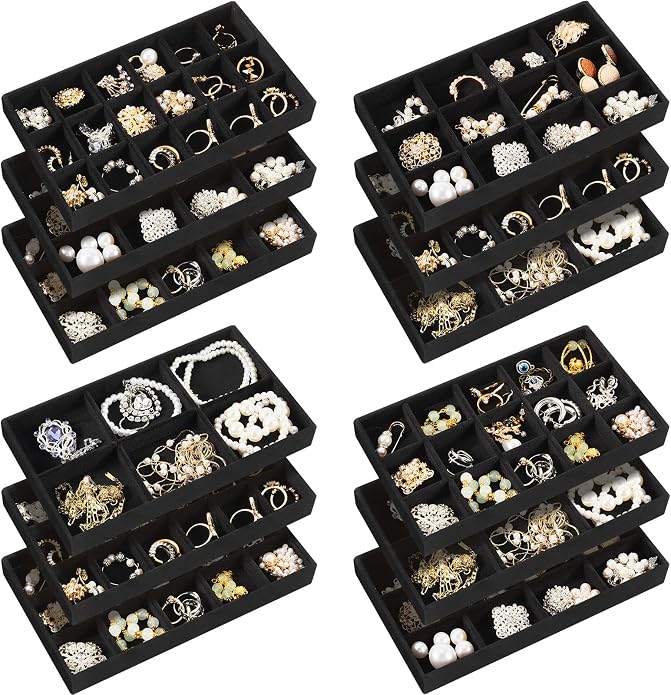 Junkin 12 Pcs Jewelry Tray Velvet Stackable Jewelry Organizer Trays Divided by Junkin