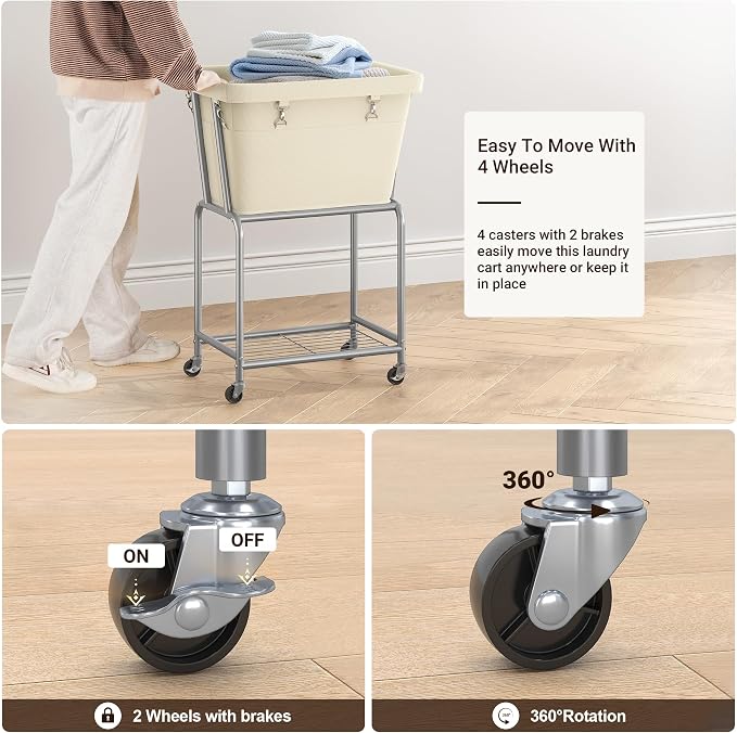 ELYKEN Laundry Cart with Wheels, Rolling Laundry Hamper with Removable Bag and - Image 4