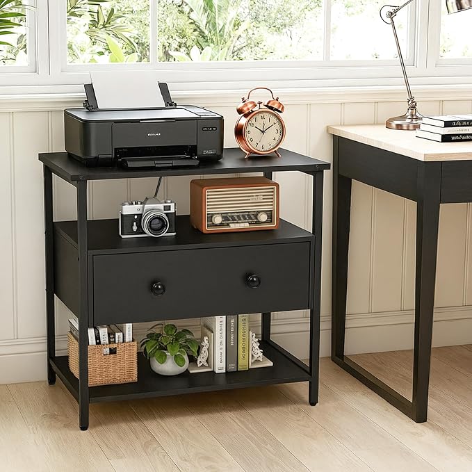 27 Inch Wide Night Stand with Charging Station, Wood Nightstand with Open Shelf - Image 7