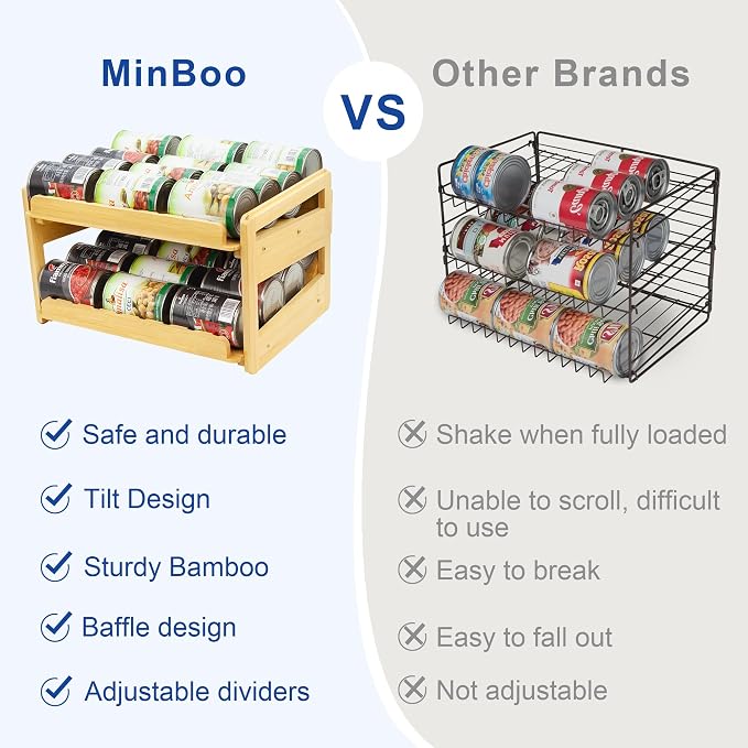 MinBoo Adjustable Can Organizer Rack, Two Tier Bamboo Stackable FIFO Cans - Image 8