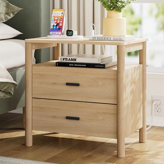 Night Stand with Charging Station, 2 Drawers End Table with Open Shelf by FavourLife