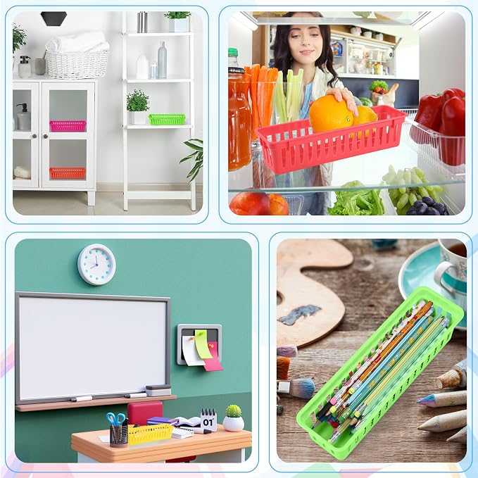 6 Pcs Colorful Slim Plastic Storage Baskets Tray 10 x 3 x 2.5 Inch Compact - Image 7