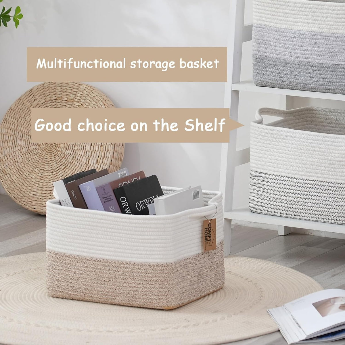 Cotton Rope Woven Basket with Handles for Shelves,Toys,Book, Cloth