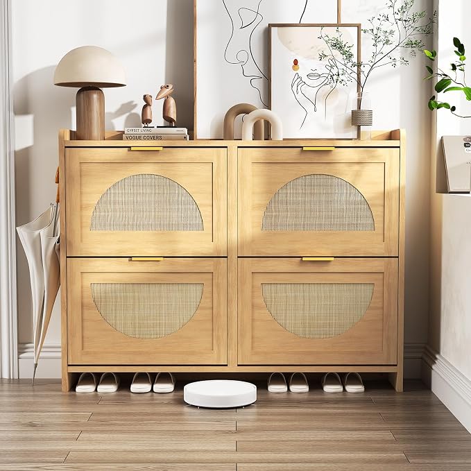 Rattan Shoe Cabinet with 4 Flip Drawers, Natural Wood Shoe Storage Cabinet by Patikuin