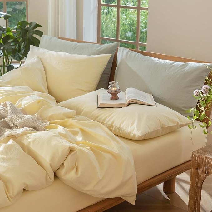 MooMee Bedding Pillowcases Pack of 2 100% Washed Cotton Linen Like Textured - Image 2