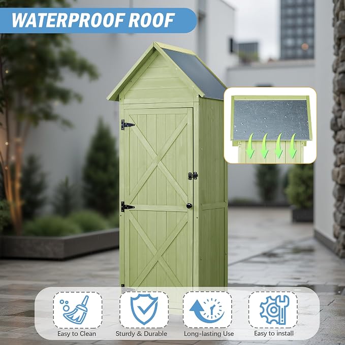 Wooden Outdoor Storage Cabinet, Tall Vertical Garden Tool Shed - Image 5