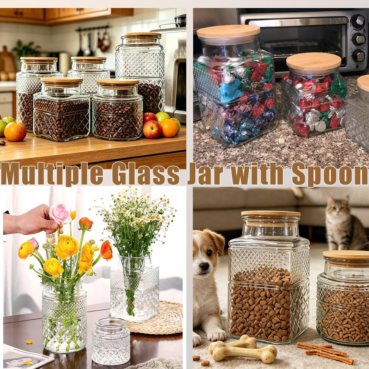 Viovian 38 oz Square Glass Storage Jars with Airtight Lids and Spoon