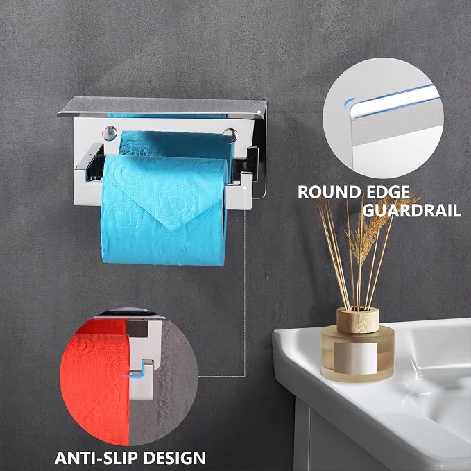 LANC Toilet Paper Holder with Shelf Silver Chrome Toilet Tissue Roll Holder - Image 4