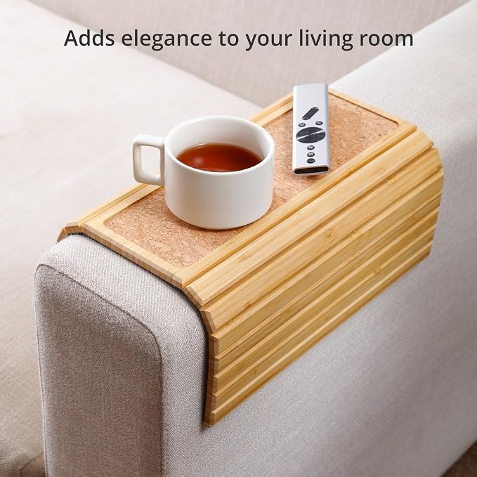 DETOR Sofa Arm Tray with Grained Cork Pad, Natural Bamboo Finish, Enhanced - Image 8
