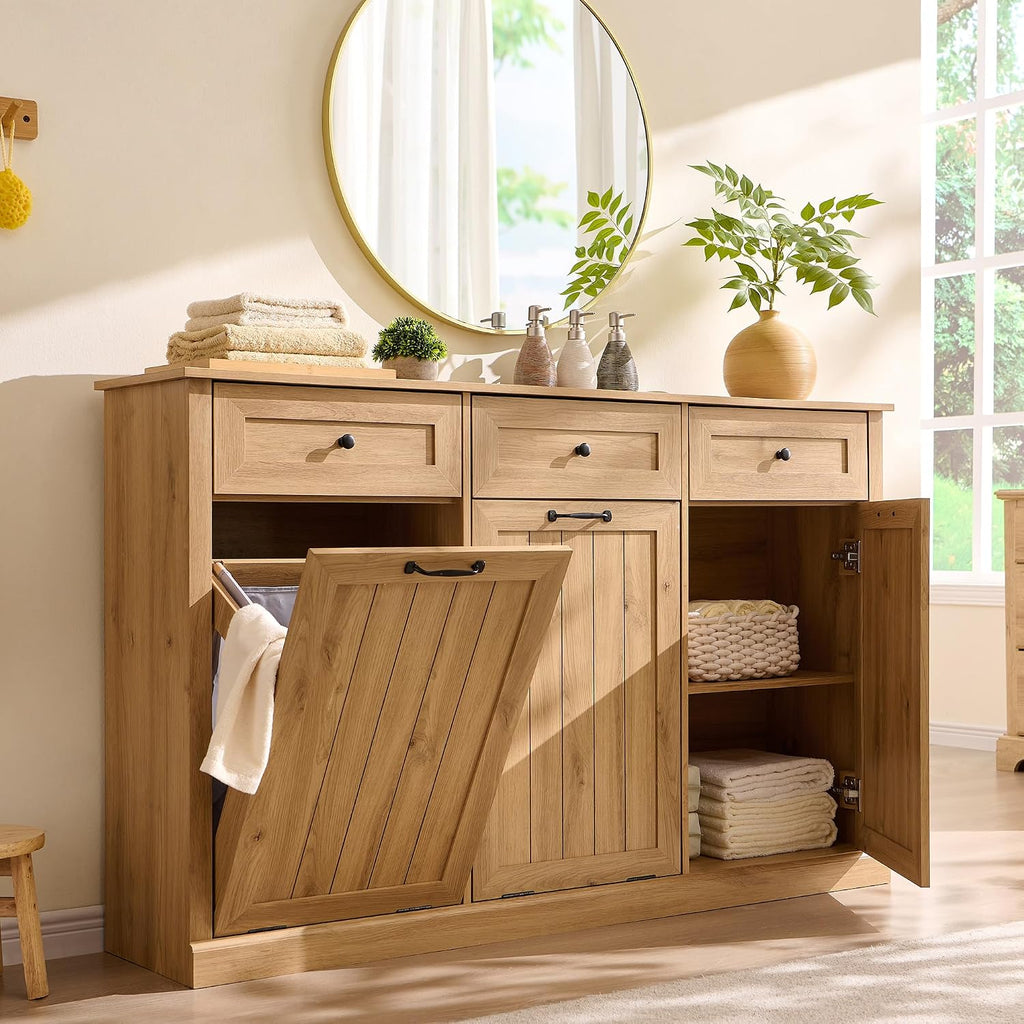 IFBUY Triple Tilt Out Laundry Hamper Cabinet, Trash Cabinet, Natural