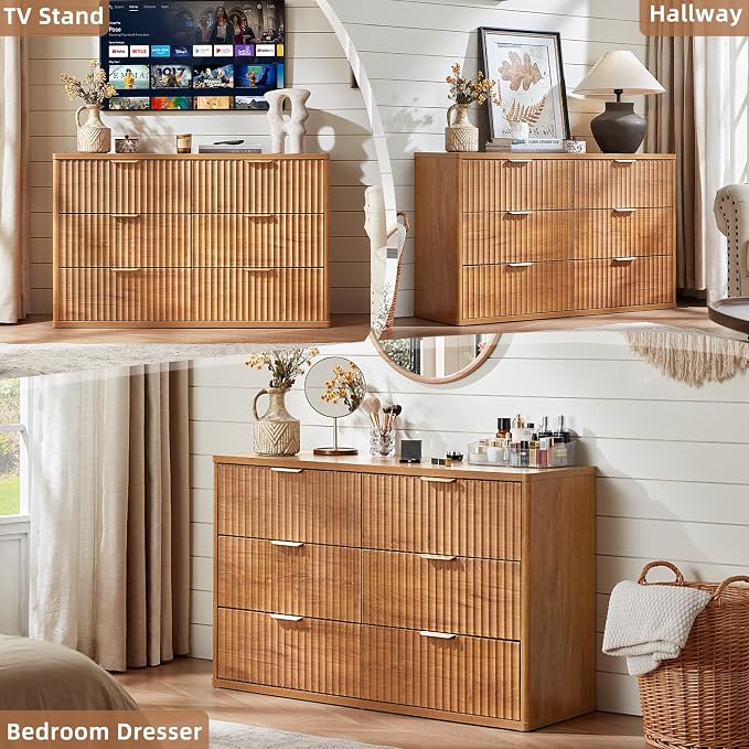LEYAOYAO Fluted 6 Drawers Dresser Set of 2, Curved Profile Design, Dresser TV - Image 7
