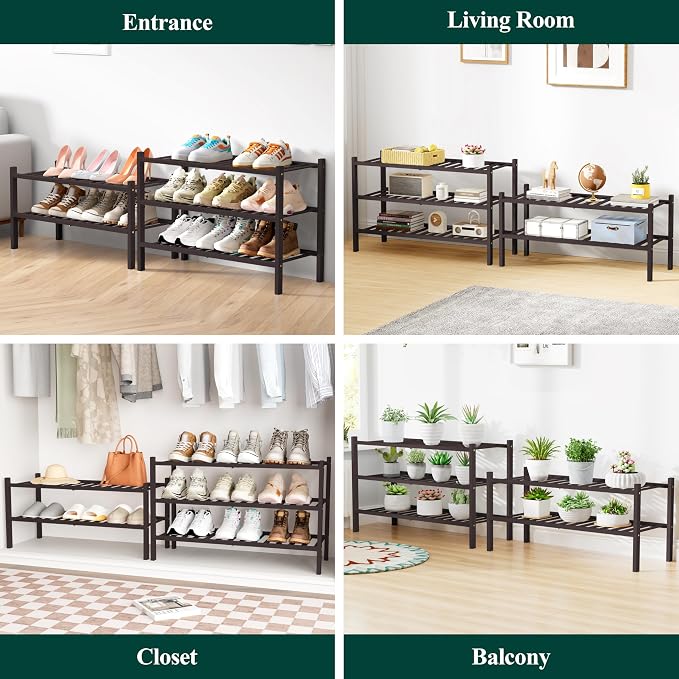 Smiry Bamboo Shoe Rack for Closet, 3 Tier Wooden Stackable Shoe Organizer - Image 7