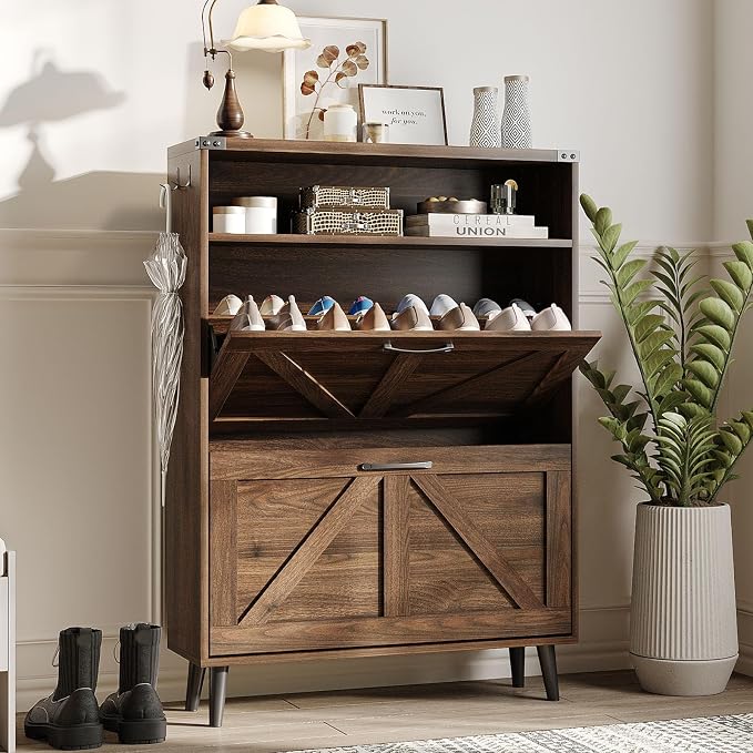 Shoe Cabinet with 2 Flip Drawers & Open Storage, Farmhouse Shoe Storage Cabinet by Halitaa