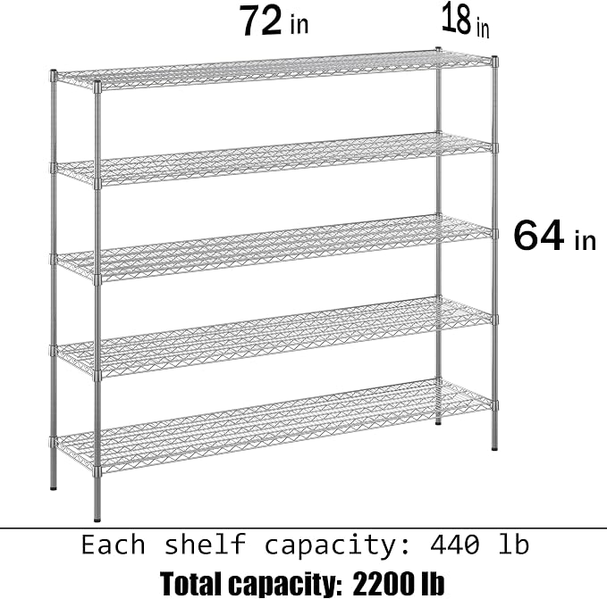 18" Deep x 72" Wide x 64" Height Wire Shelving Kit | 5-Tier | NSF Commercial - Image 3