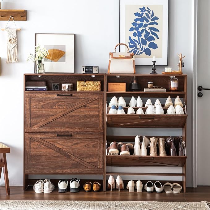 Shoe Storage Cabinet with 2 Flip Drawers, Farmhouse Narrow Shoe Organizer with - Image 5