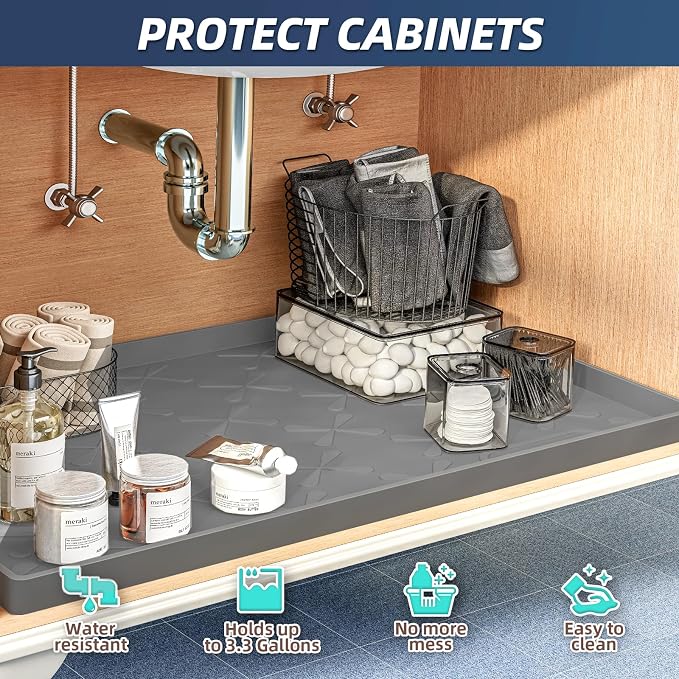 SIKADEER 25" x 22" Under Sink Mat Waterproof, Silicone Mat Kitchen Drawer Shelf - Image 3