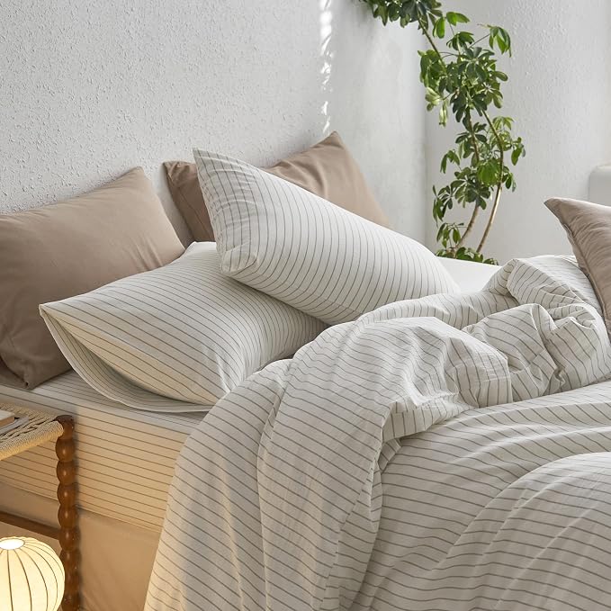 MooMee Bedding Pillowcases Striped Pack of 2 100% Washed Cotton Linen Like - Image 4