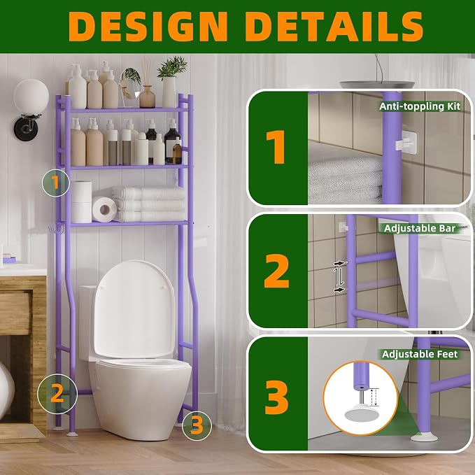 3-Tier Over The Toilet Storage, Space Saver Metal Bathroom Shelves, - Image 4