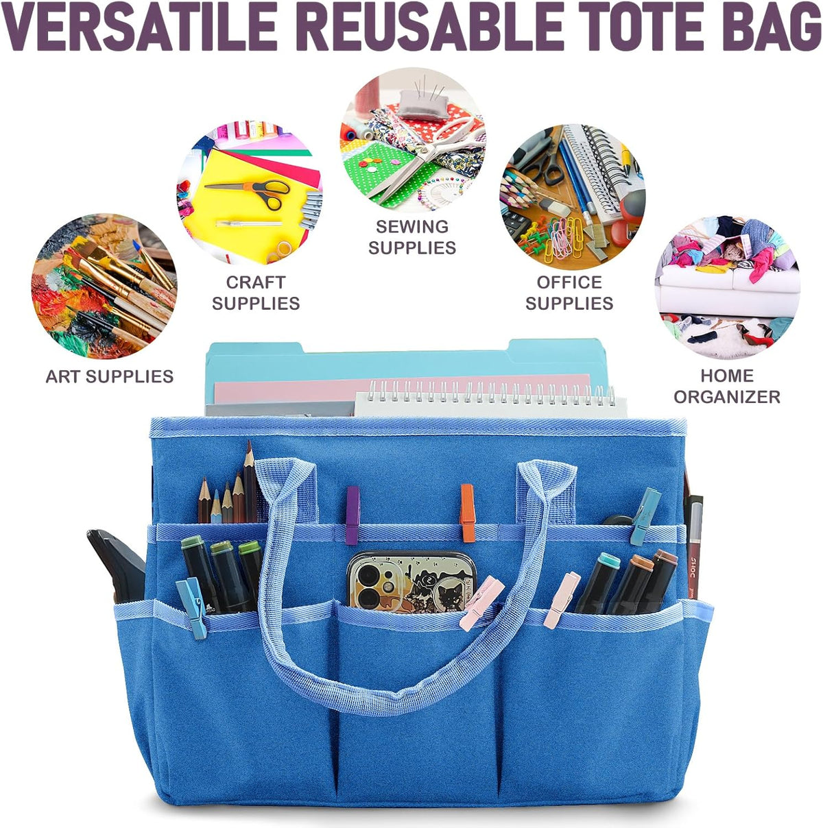 Cupohus Craft Organizer Bag, Blue Art Supply Tote with Multiple