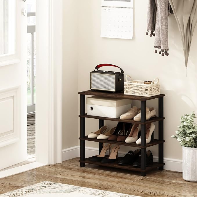 Furinno Turn-S-Tube 4-Tier Shoe Rack, Amber Pine/Black - Image 2