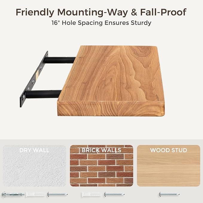 48" Rustic Elm Wood Floating Shelves, 8 Inch Deep Wall Shelves - Image 7